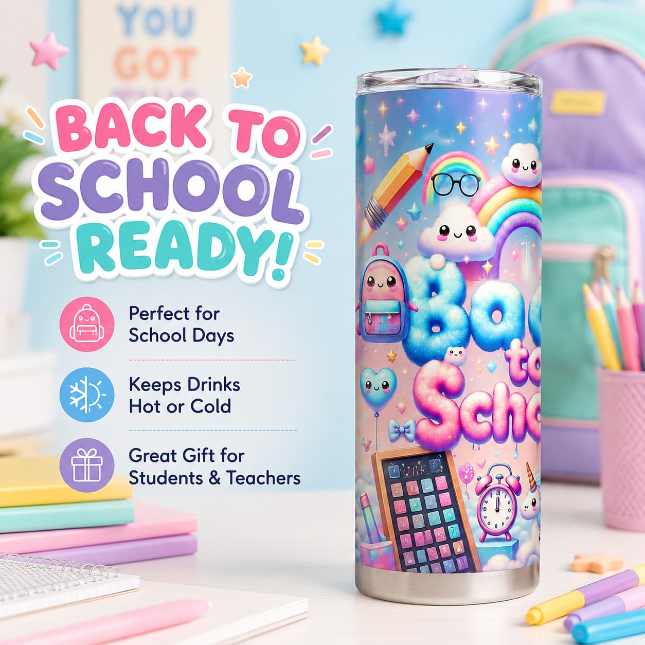 Kawaii Back-to-School Stainless Steel Tumbler with Lid, Rainbow Cloud & School Supplies Print