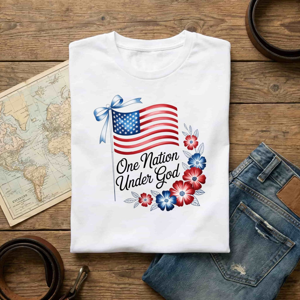 Patriotic American Flag And Flowers Classic T-Shirt One Nation Under God