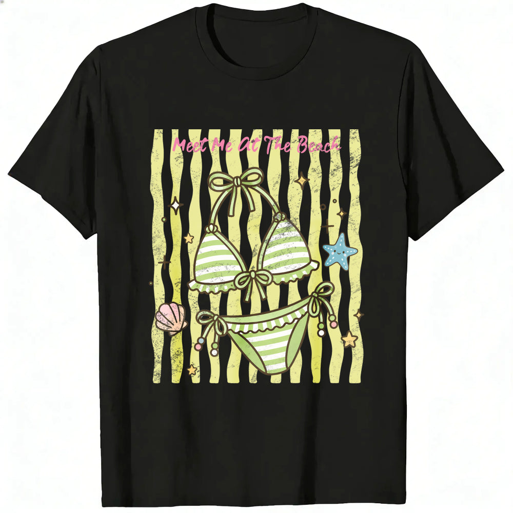 Cute Summer Beach Bikini Graphic Classic T-Shirt Meet Me At The Beach Striped Seashell Starfish Desi