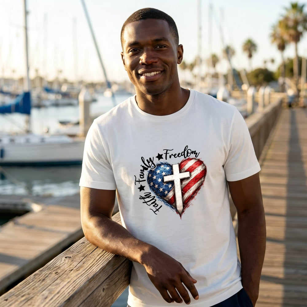 Patriotic Heart With Cross And American Flag Classic T-Shirt Family Freedom