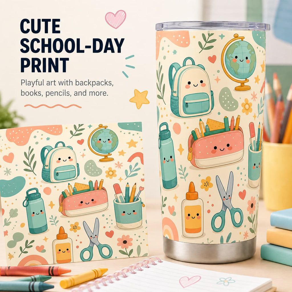 Cute Back-to-School Stainless Steel Tumbler with Lid, Kawaii School Supplies Print