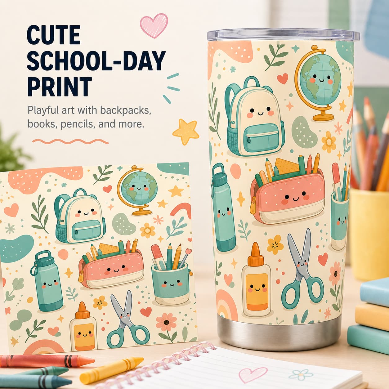 Cute Back-to-School Stainless Steel Tumbler with Lid, Kawaii School Supplies Print