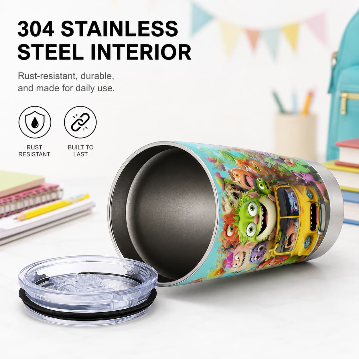 Kids Stainless Steel Tumbler with Colorful Monster School Bus Print, Back-to-School Cup