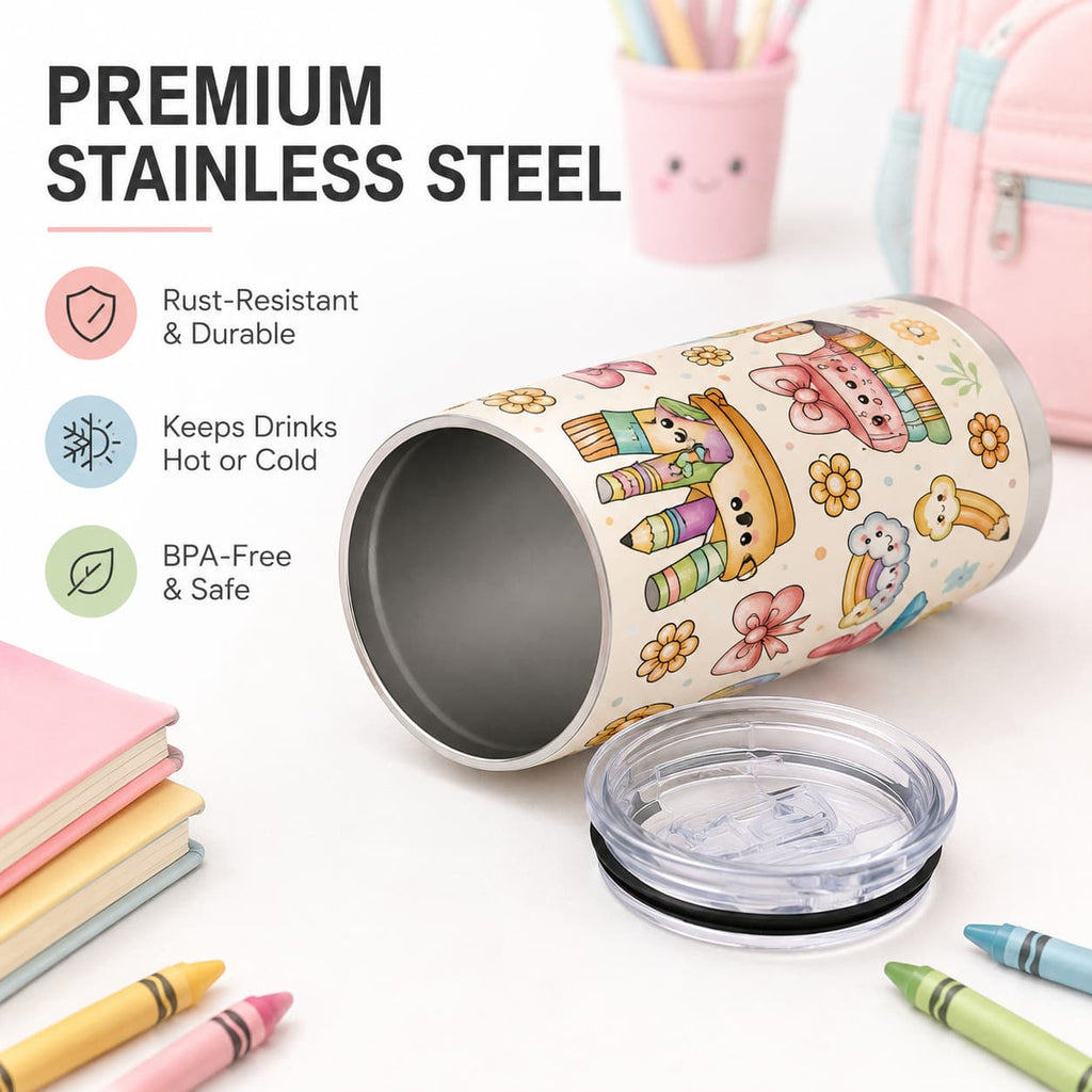 Cute Pastel Back-to-School Stainless Steel Tumbler with Lid, Rainbow & School Supplies Print