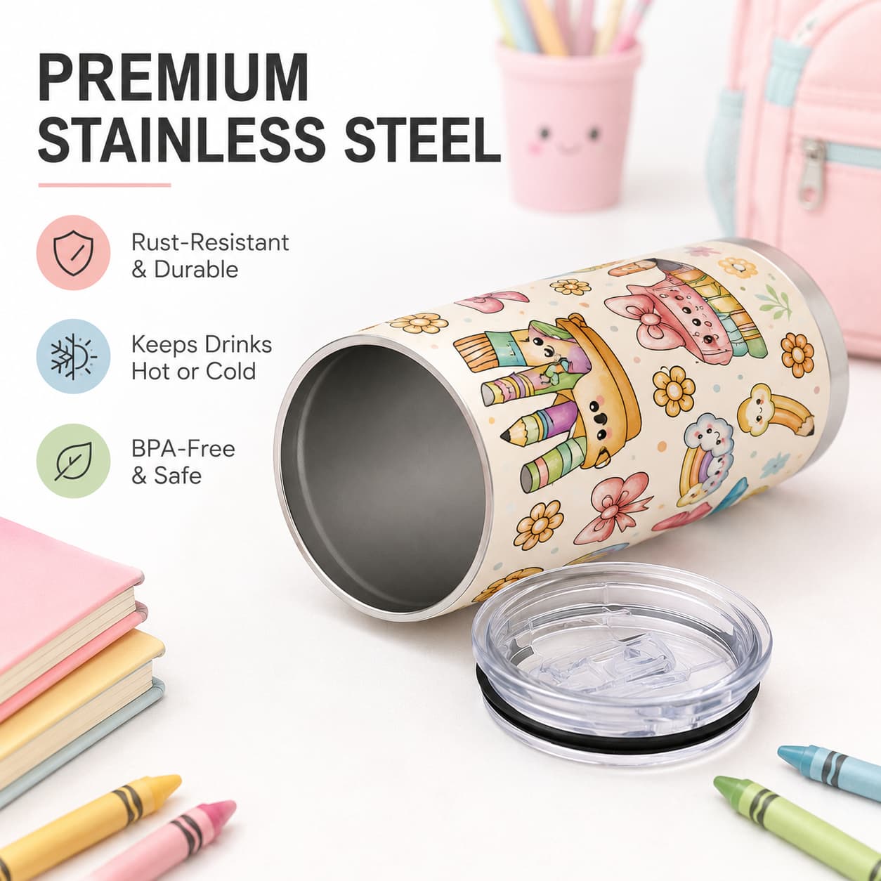 Cute Pastel Back-to-School Stainless Steel Tumbler with Lid, Rainbow & School Supplies Print