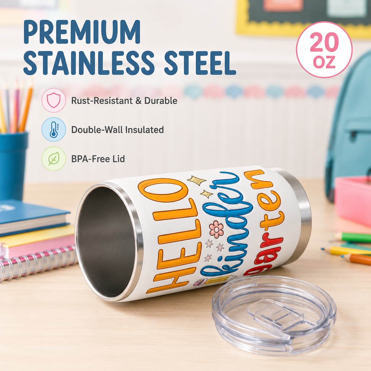 Hello Kindergarten 20 oz Stainless Steel Tumbler with Lid, Pencil & Floral School Print