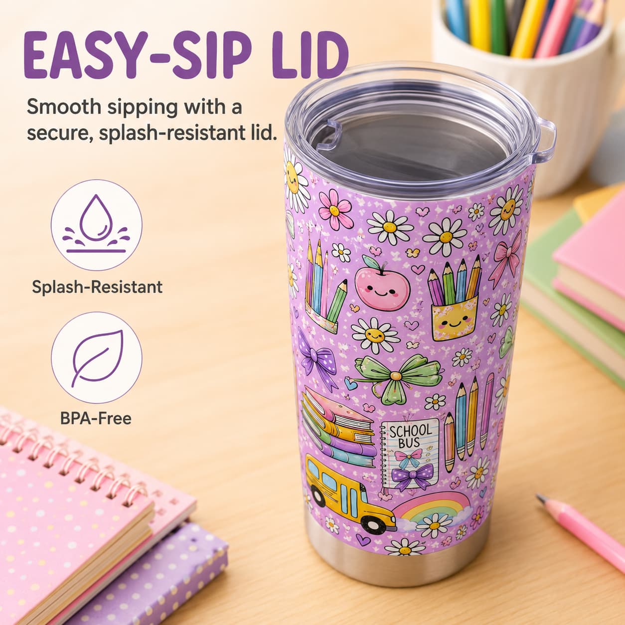 Kids Back-to-School Stainless Steel Tumbler with Daisies, Bows & School Bus Print