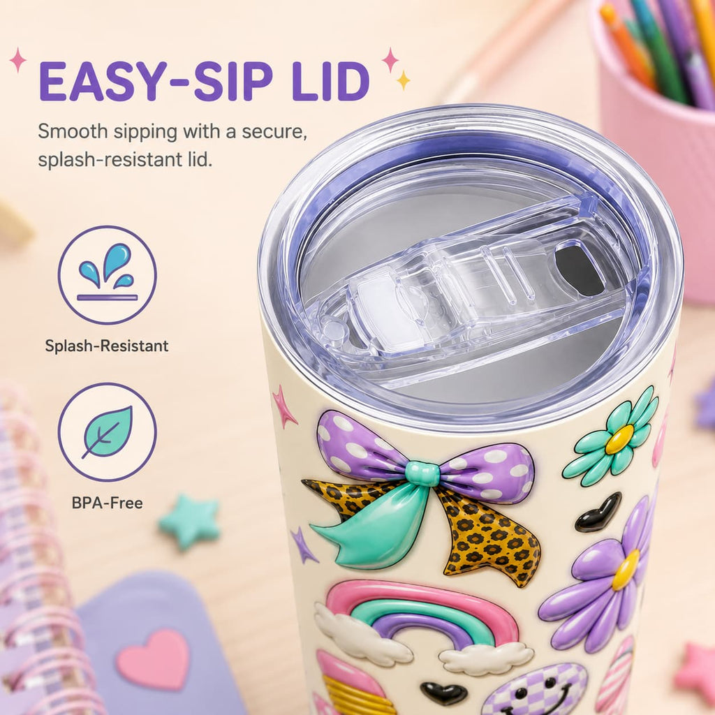 Kids Back-to-School Stainless Steel Tumbler with Bows, Rainbow & School Bus Print