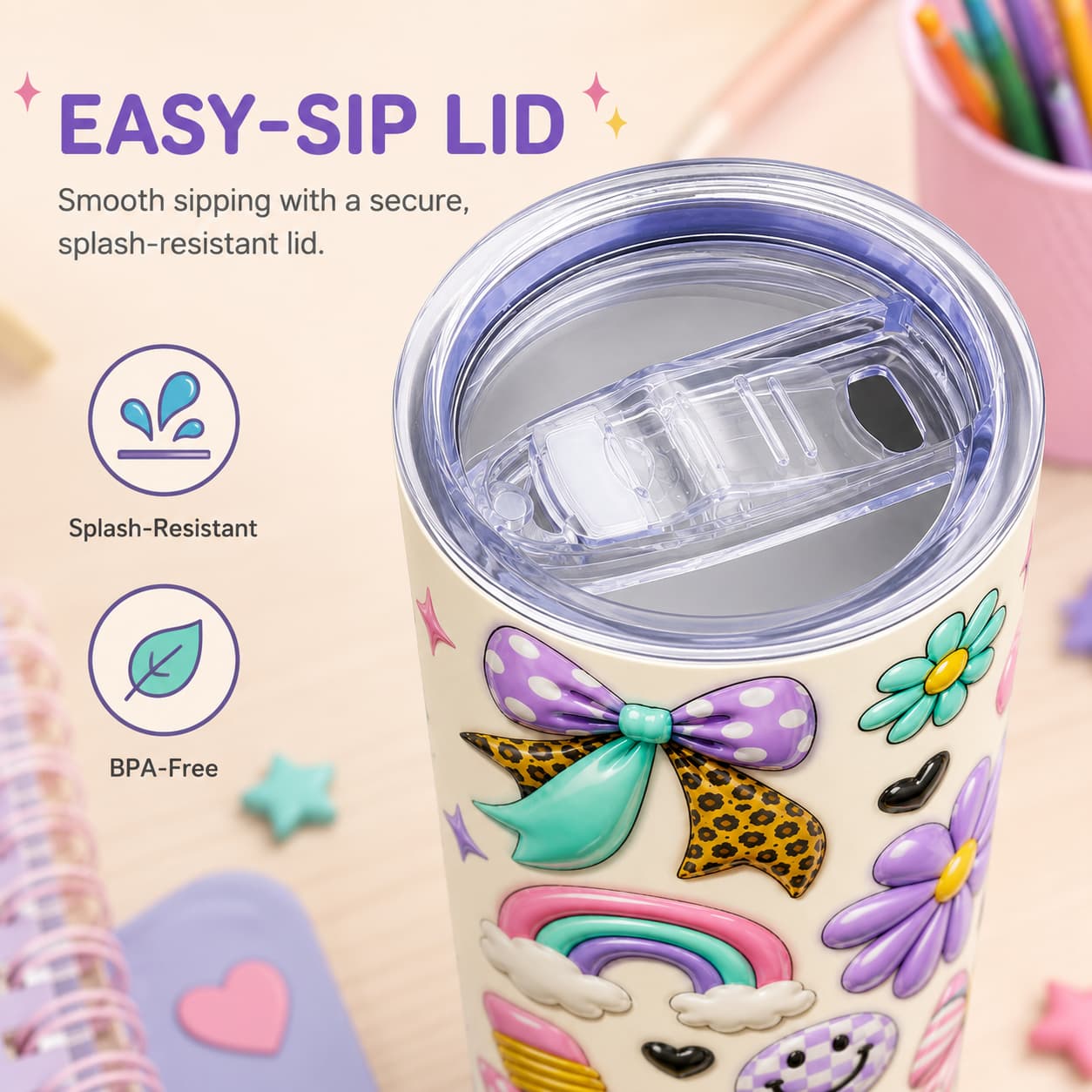 Kids Back-to-School Stainless Steel Tumbler with Bows, Rainbow & School Bus Print