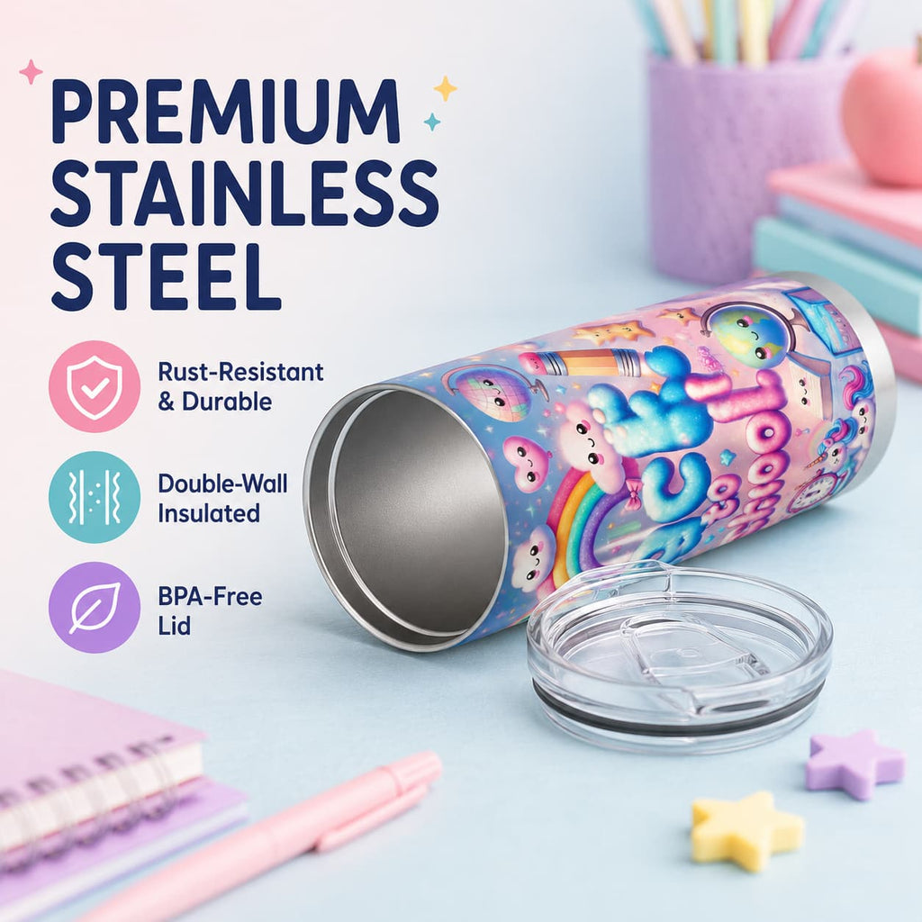 Kawaii Back-to-School Stainless Steel Tumbler with Lid, Rainbow Cloud & School Supplies Print