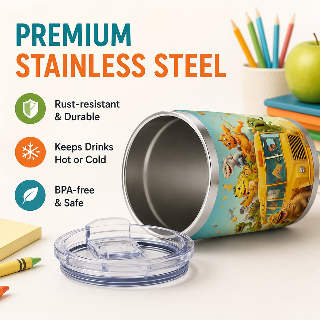 Dinosaur School Bus Stainless Steel Tumbler with Lid, Kids Back-to-School Cup