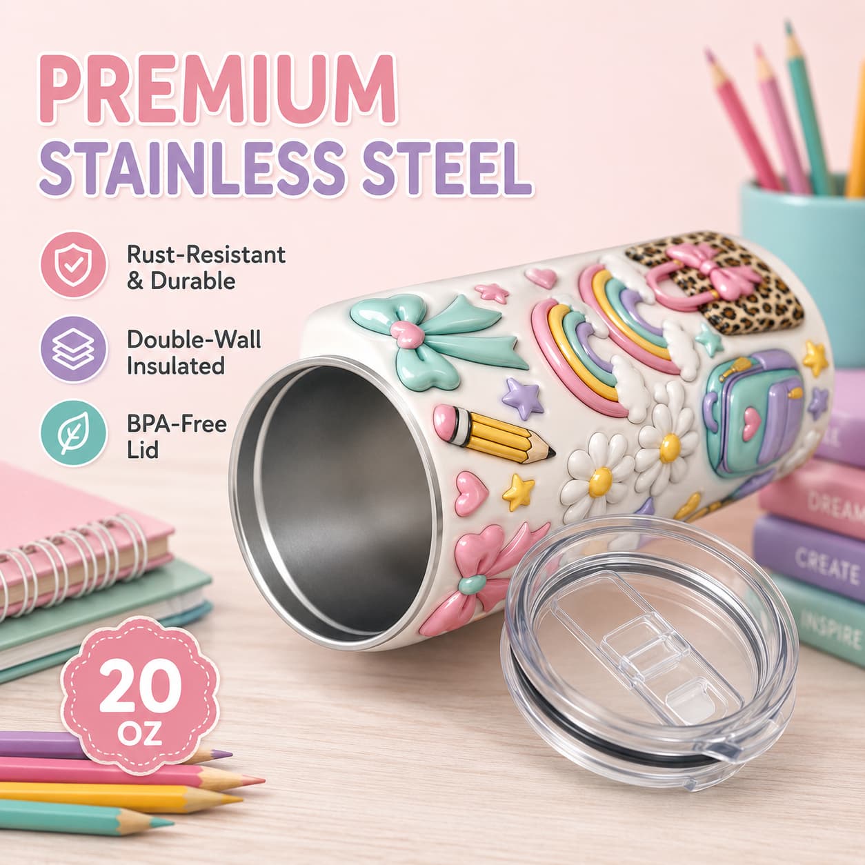 Pastel Back-to-School Stainless Steel Tumbler with Lid, Bow, Rainbow & School Bus Print