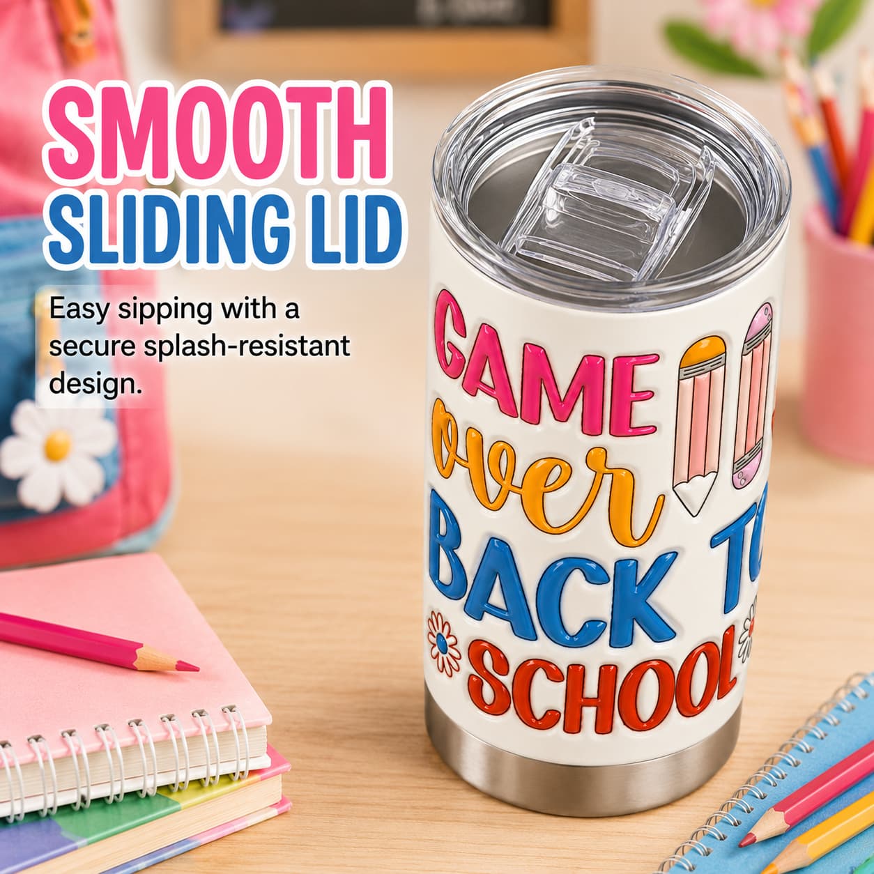 Game Over Back-to-School Tumbler, Insulated Stainless Steel Travel Cup for Teachers & Students