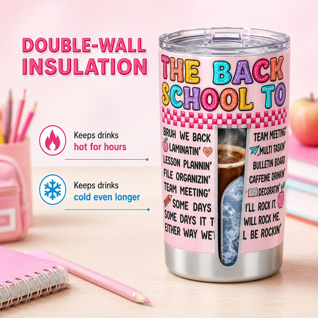 Back-to-School Teacher Tumbler, Pink Insulated Stainless Steel Travel Cup