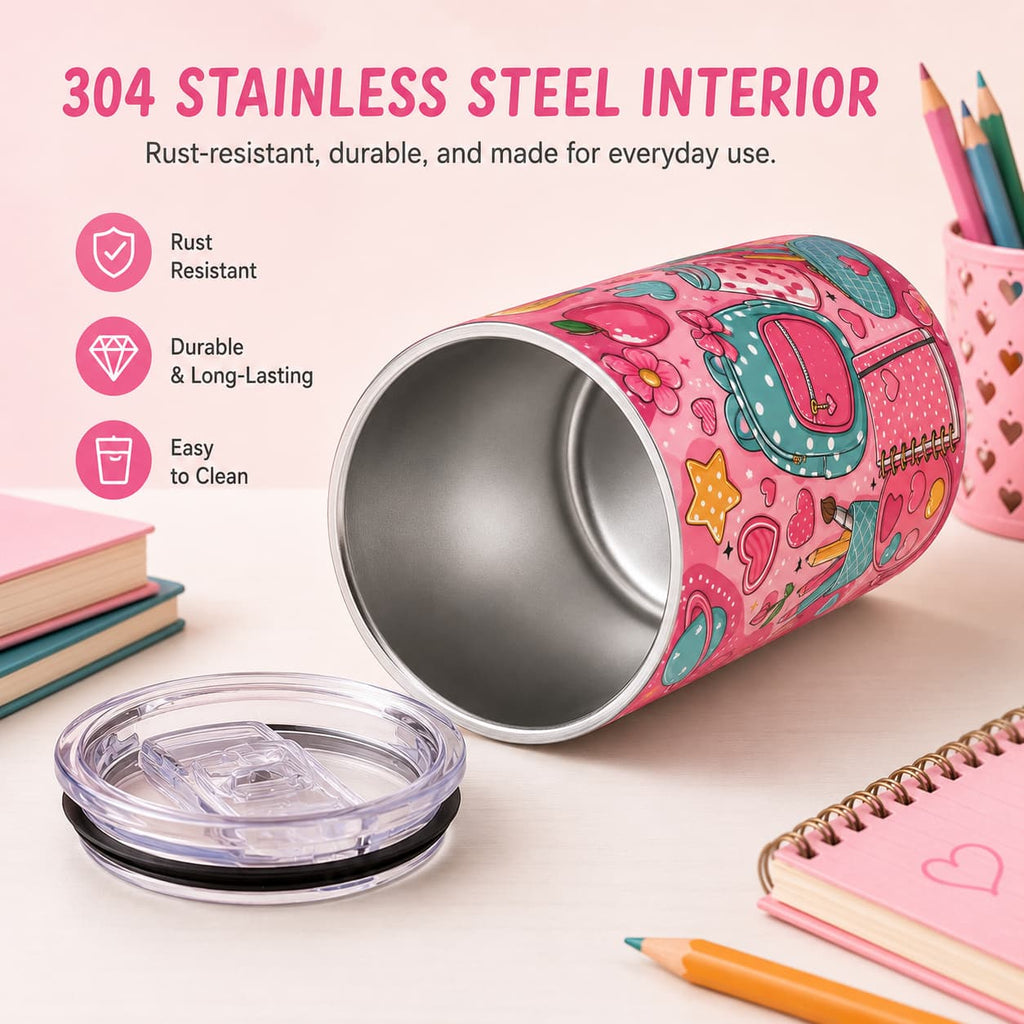 Kawaii Pink Back-to-School Stainless Steel Tumbler with Lid, Backpack & Heart Print