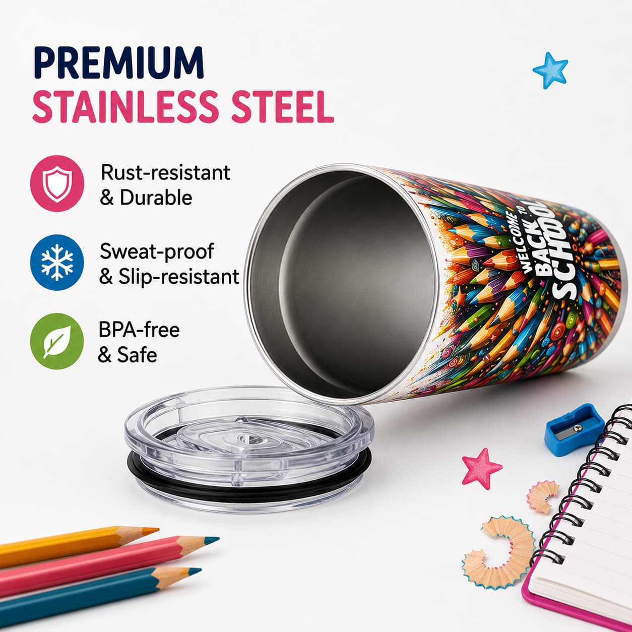 Welcome Back to School Stainless Steel Tumbler with Lid, Colorful Pencil Print