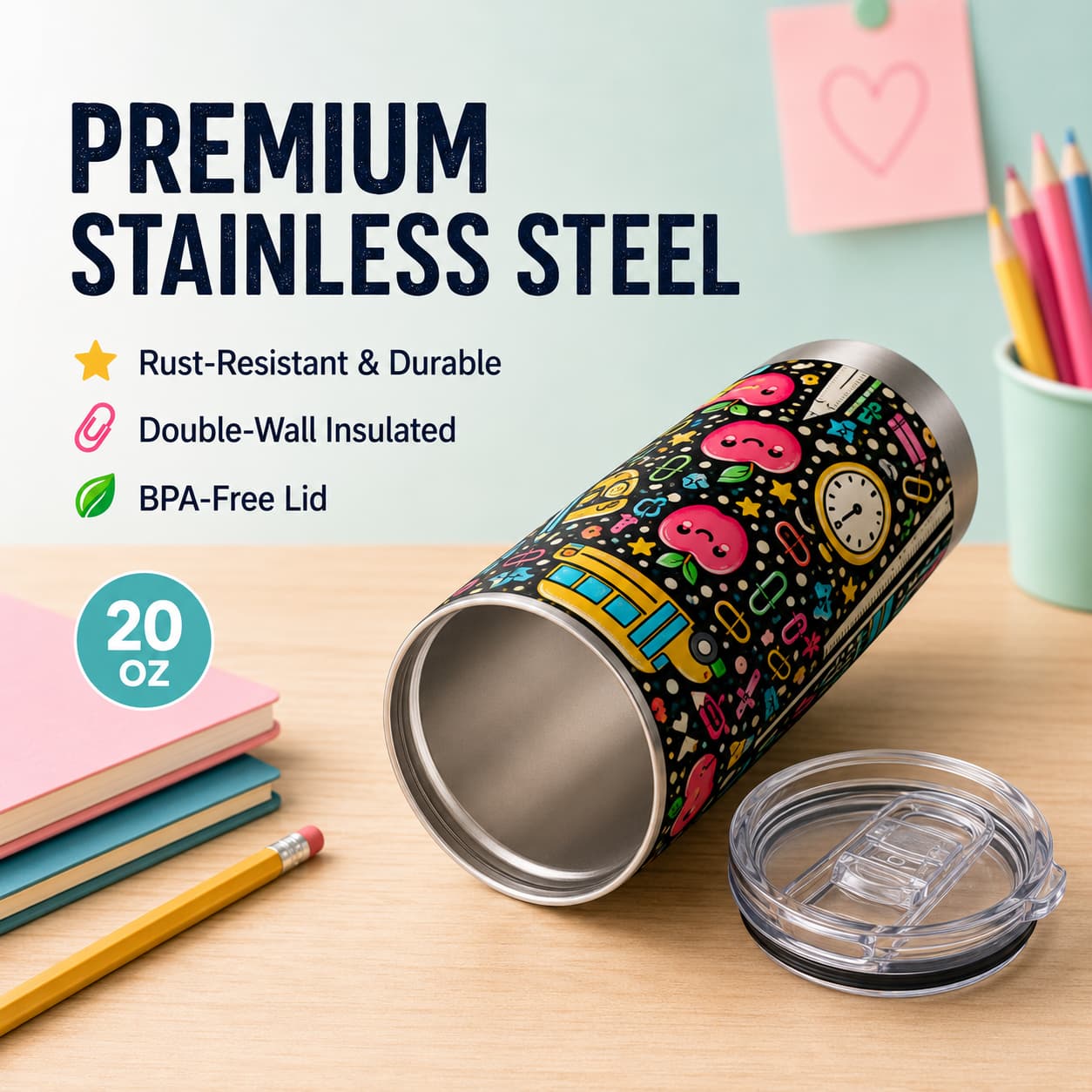 Colorful Back-to-School Stainless Steel Tumbler with Lid, Composition Book & School Supplies Print