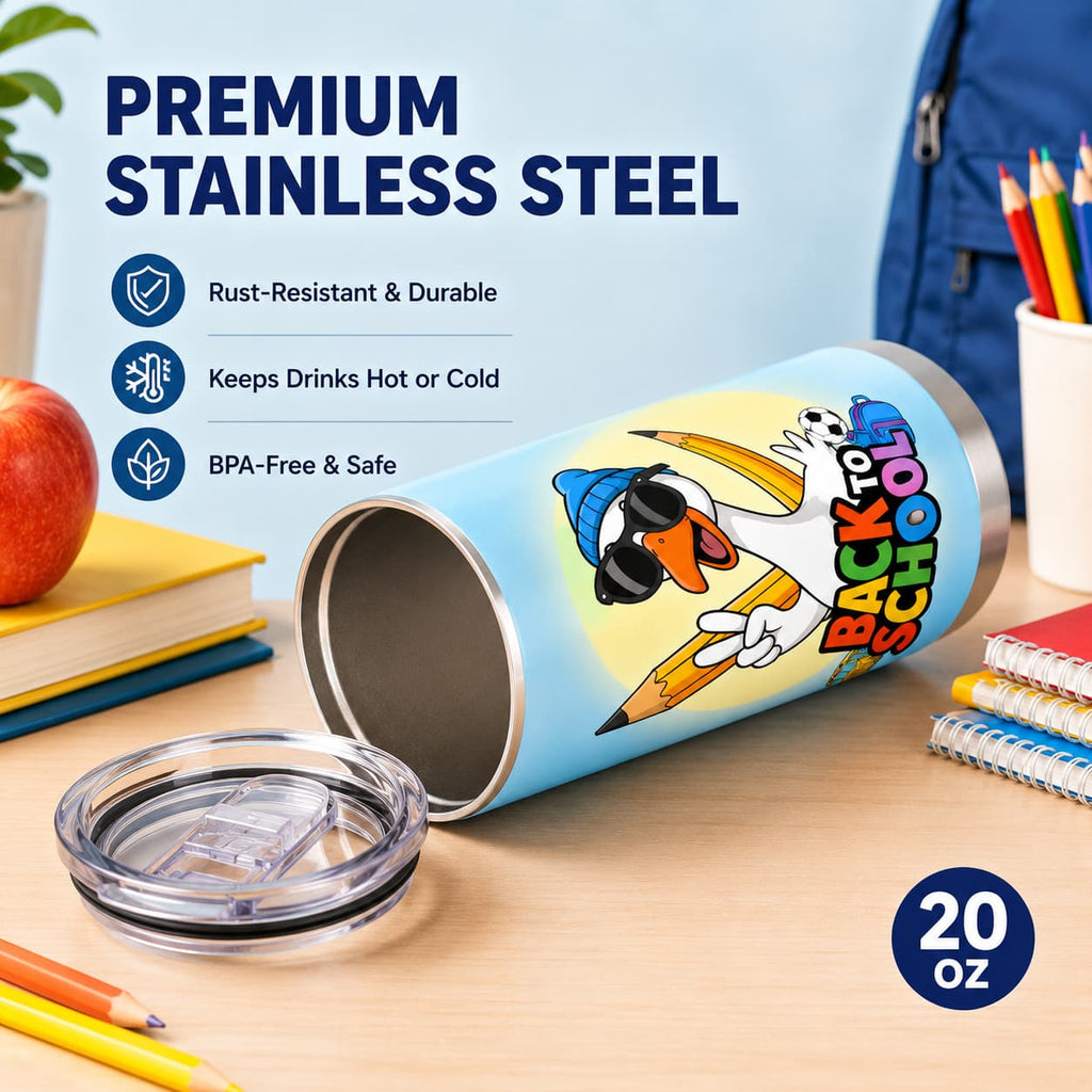 Cool Goose Back-to-School Stainless Steel Tumbler with Lid, Colorful School Print