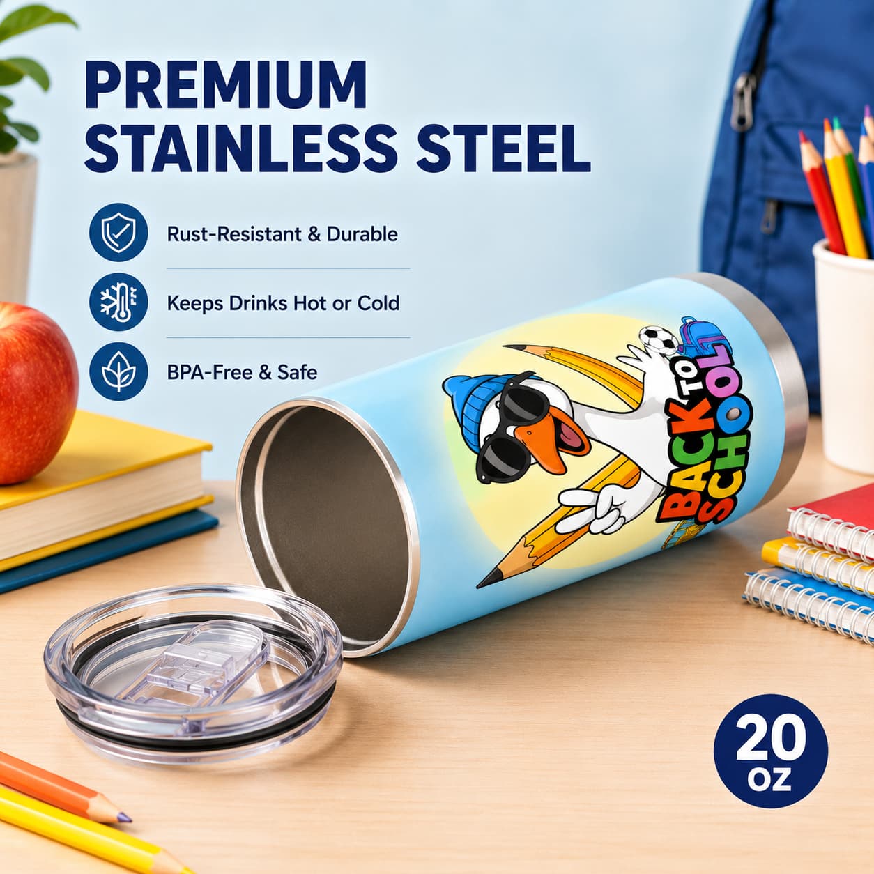 Cool Goose Back-to-School Stainless Steel Tumbler with Lid, Colorful School Print