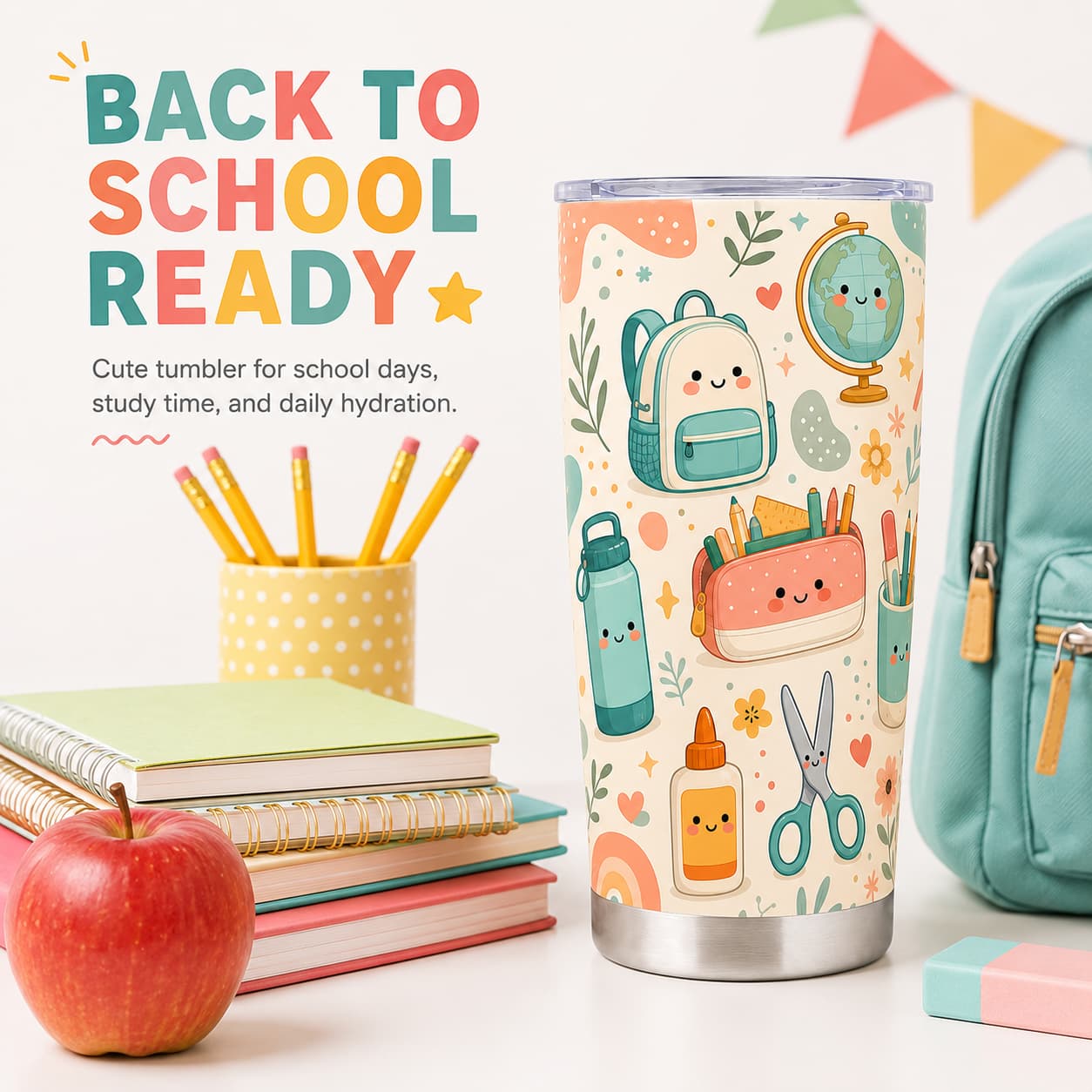 Cute Back-to-School Stainless Steel Tumbler with Lid, Kawaii School Supplies Print