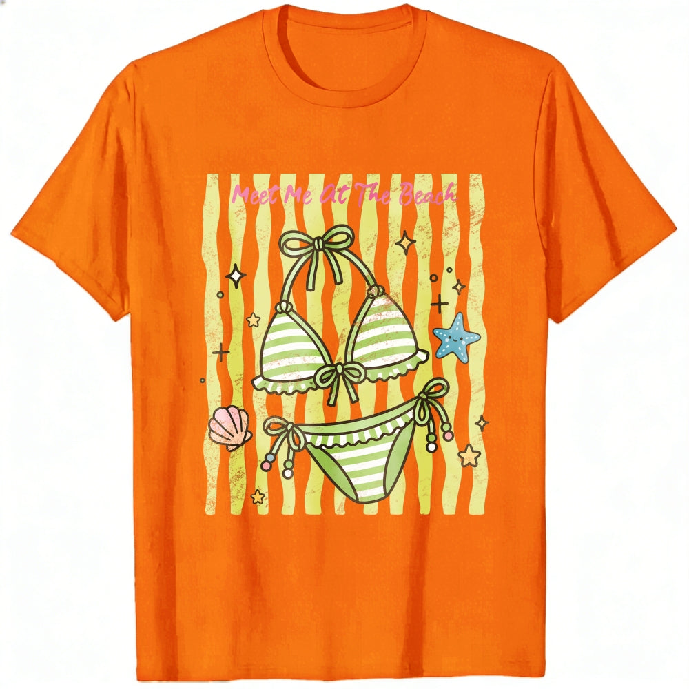 Cute Summer Beach Bikini Graphic Classic T-Shirt Meet Me At The Beach Striped Seashell Starfish Desi