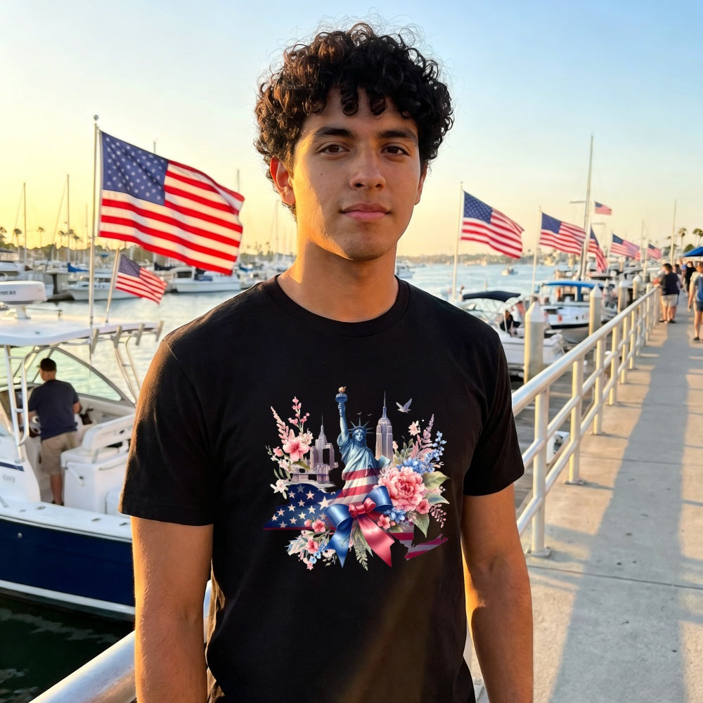 Patriotic Floral Design Classic T-Shirt Statue Of Liberty And American Flag With Flowers And Cityscape