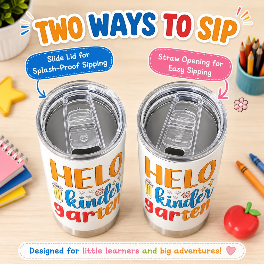 Hello Kindergarten 20 oz Stainless Steel Tumbler with Lid, Pencil & Floral School Print