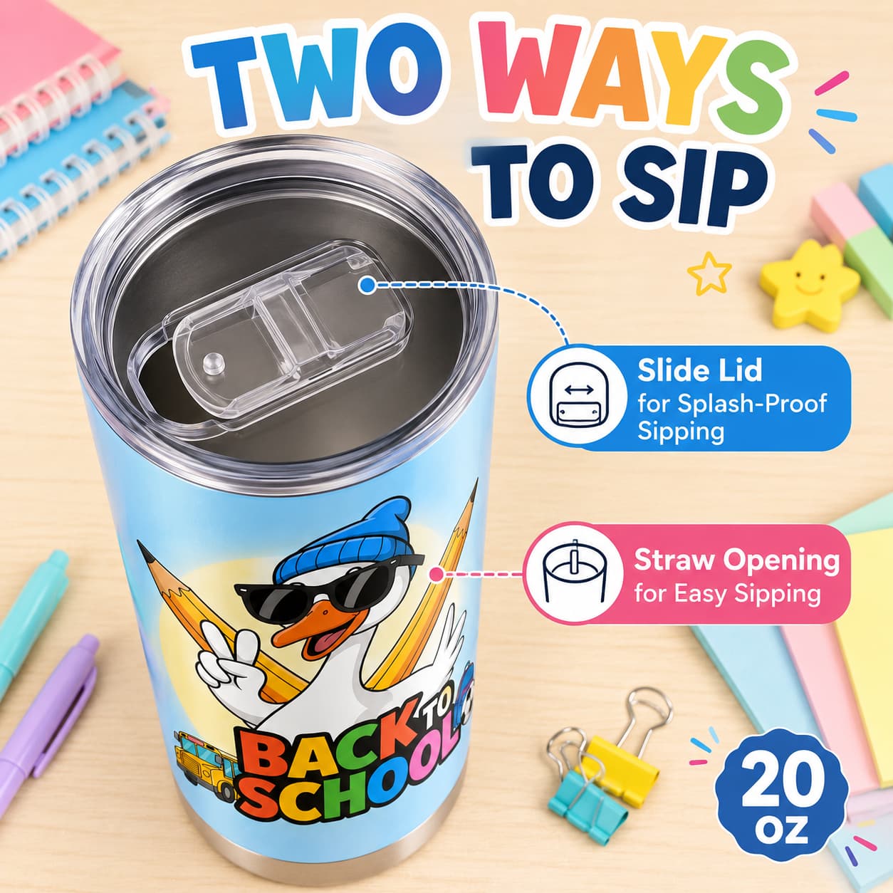 Cool Goose Back-to-School Stainless Steel Tumbler with Lid, Colorful School Print