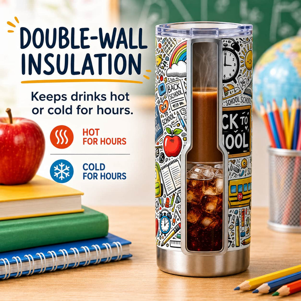 Back-to-School Doodle Tumbler, Insulated Stainless Steel Travel Cup for Teachers & Students