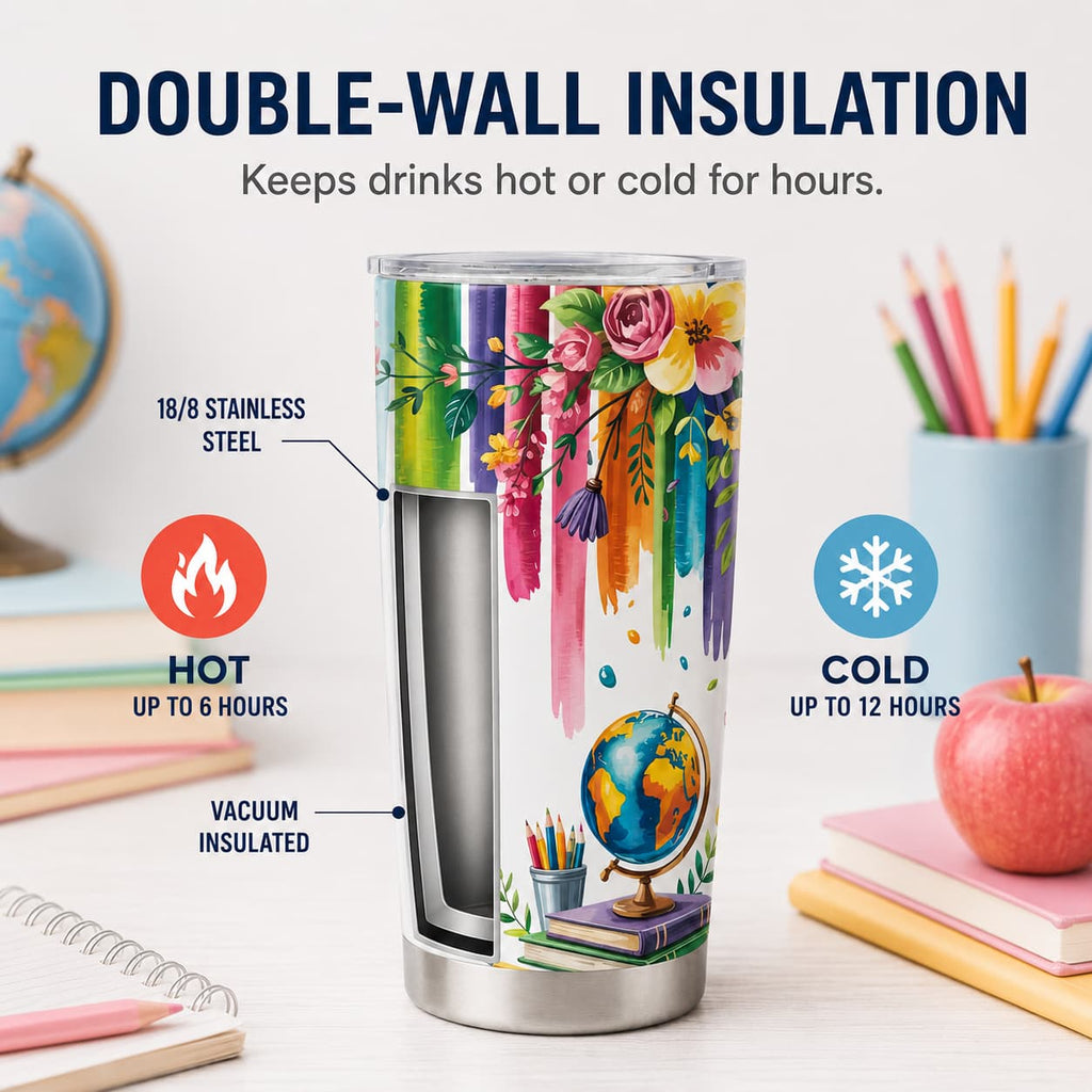Watercolor Floral Back-to-School Tumbler, Insulated Stainless Steel Teacher Travel Cup