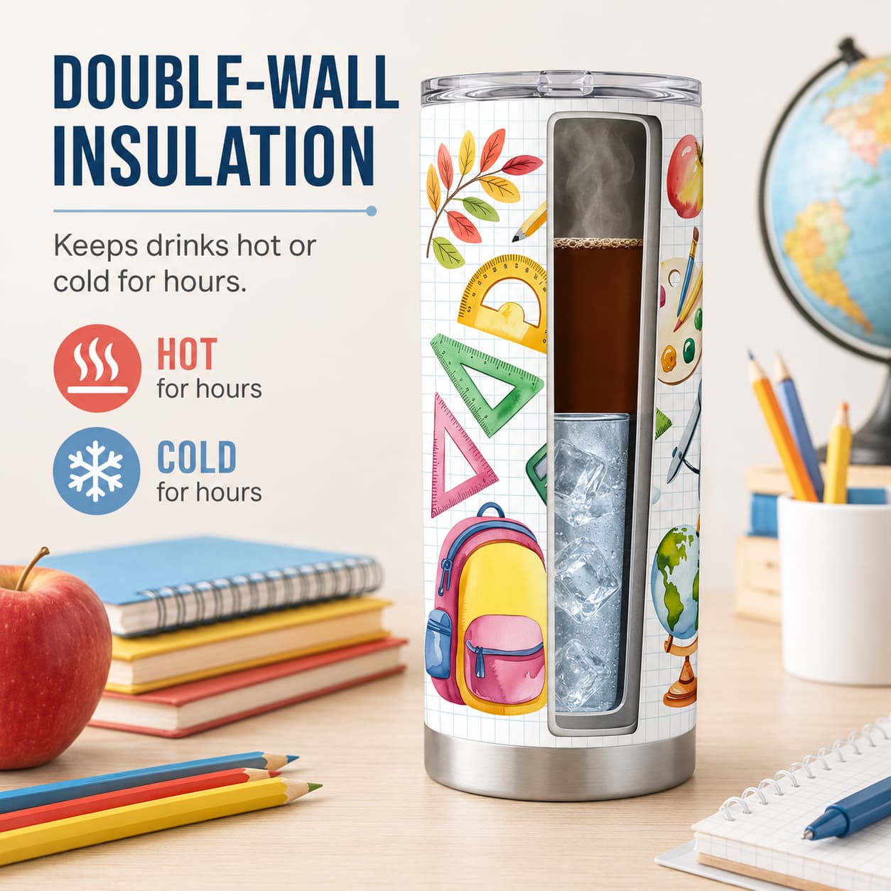 Watercolor School Supplies Tumbler, Insulated Stainless Steel Back-to-School Travel Cup