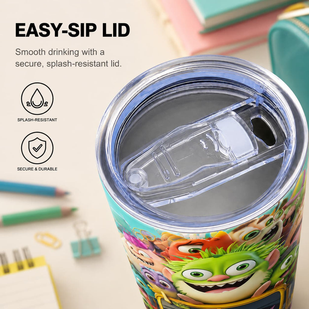 Kids Stainless Steel Tumbler with Colorful Monster School Bus Print, Back-to-School Cup
