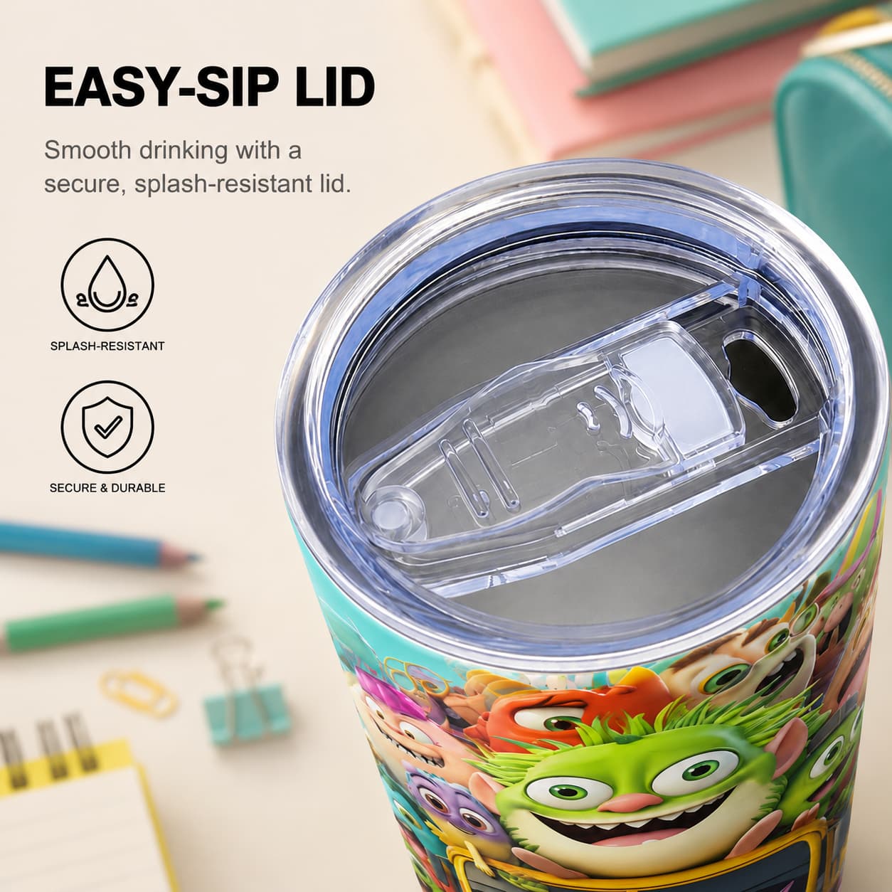 Kids Stainless Steel Tumbler with Colorful Monster School Bus Print, Back-to-School Cup