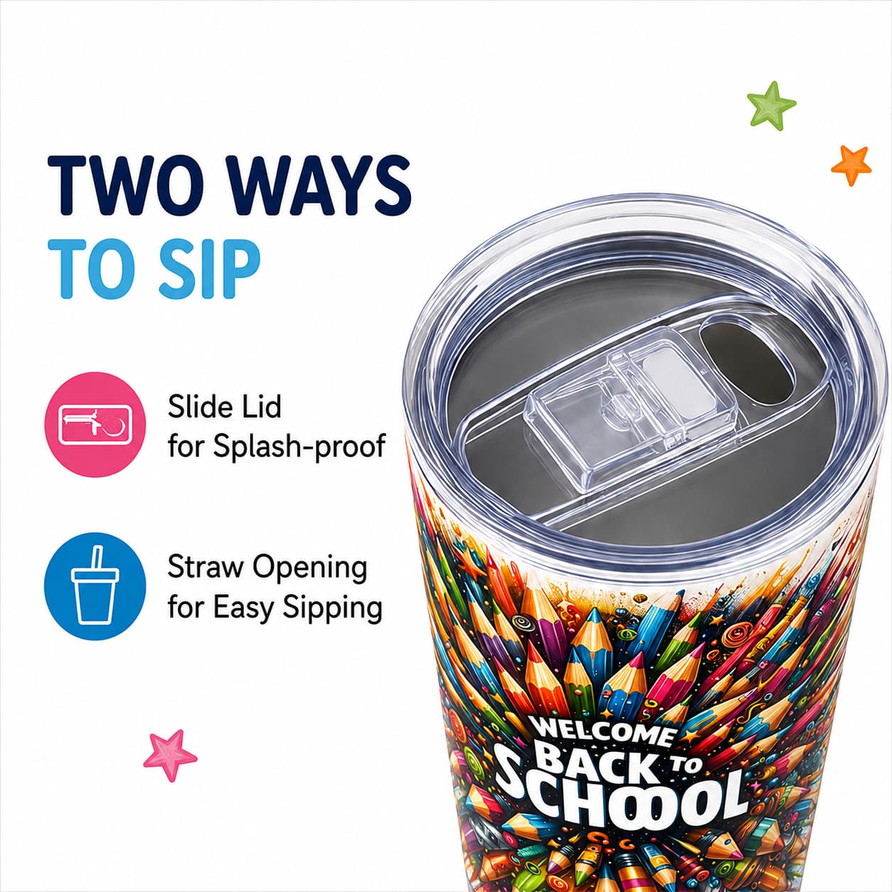 Welcome Back to School Stainless Steel Tumbler with Lid, Colorful Pencil Print