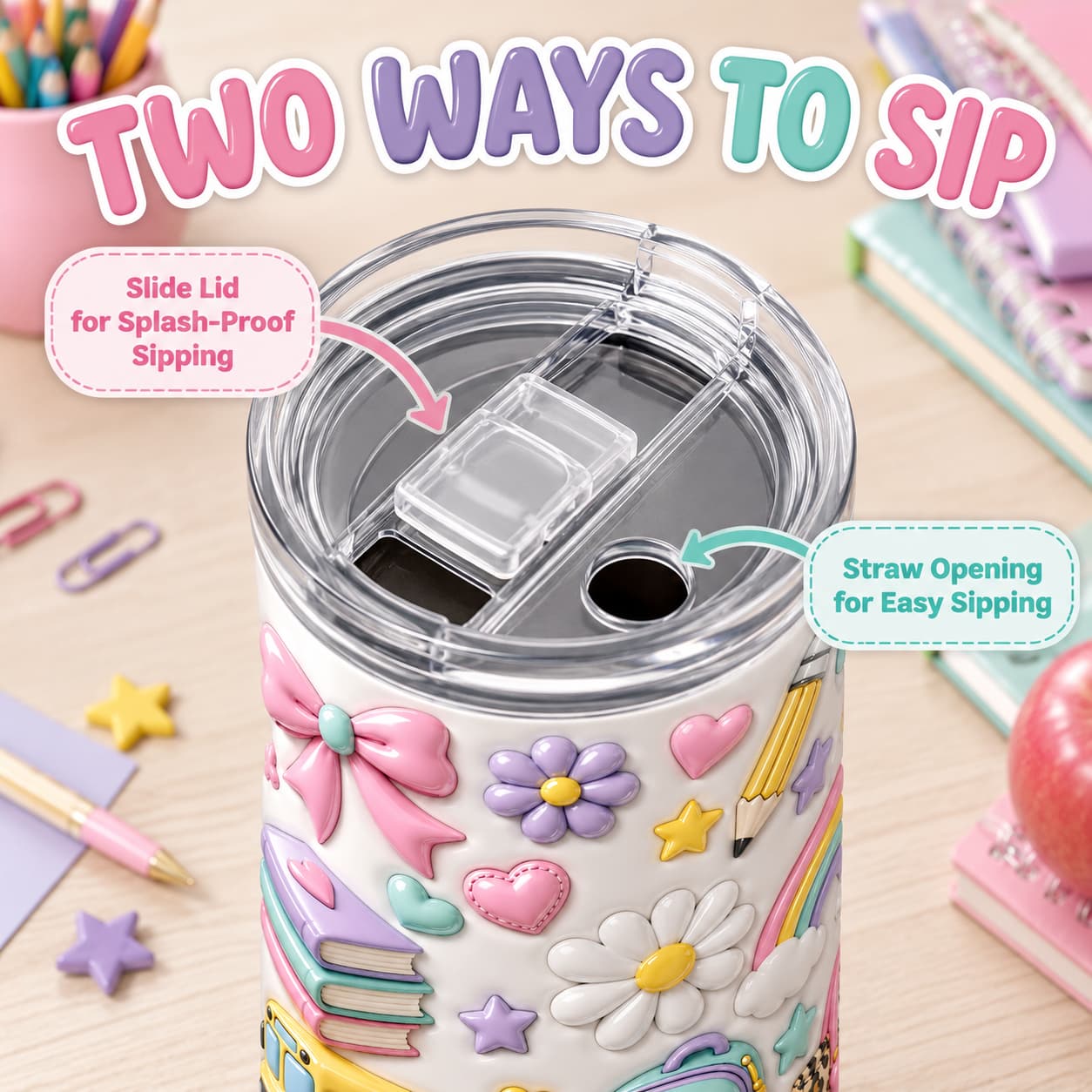 Pastel Back-to-School Stainless Steel Tumbler with Lid, Bow, Rainbow & School Bus Print