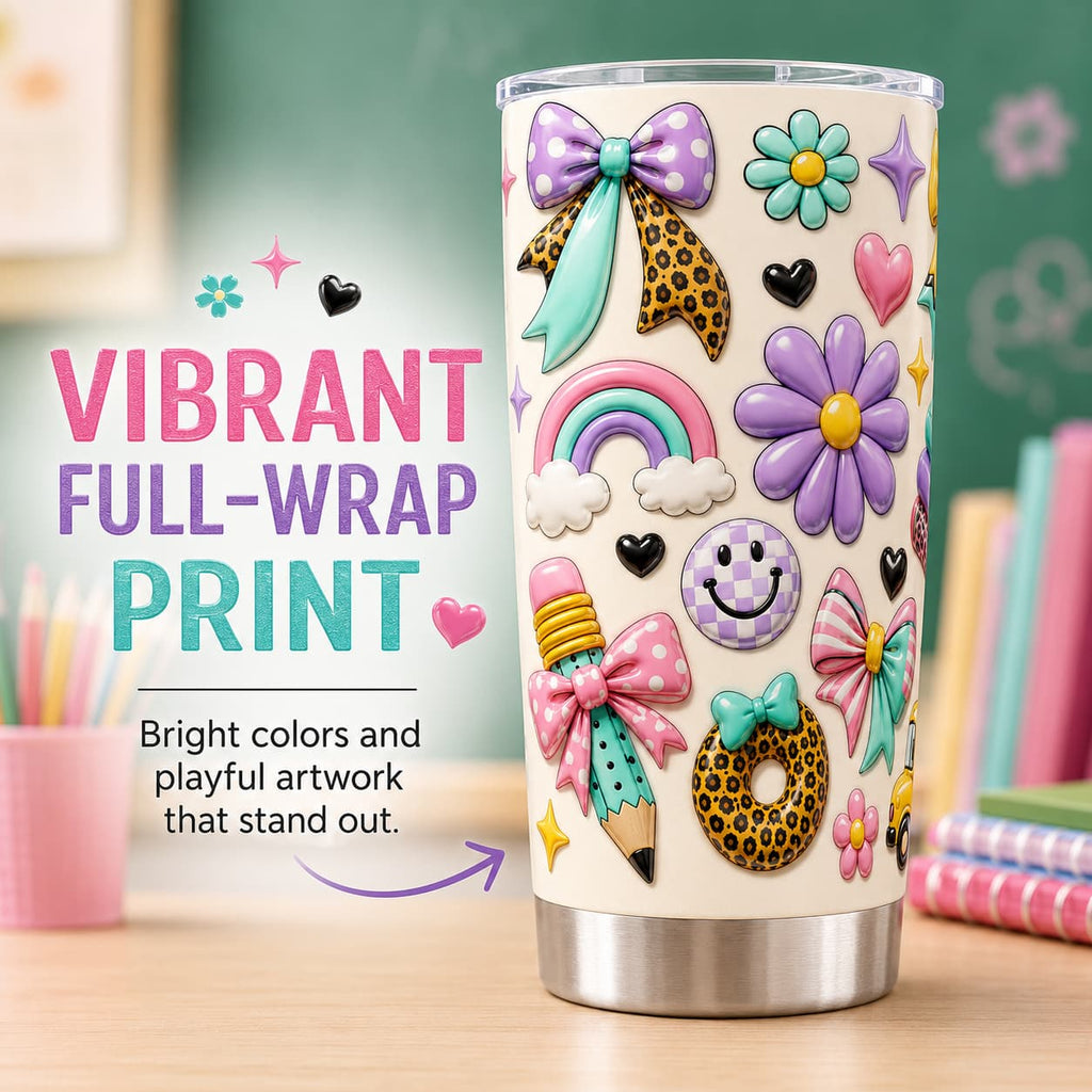 Kids Back-to-School Stainless Steel Tumbler with Bows, Rainbow & School Bus Print