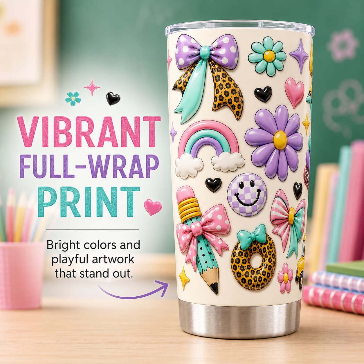 Kids Back-to-School Stainless Steel Tumbler with Bows, Rainbow & School Bus Print