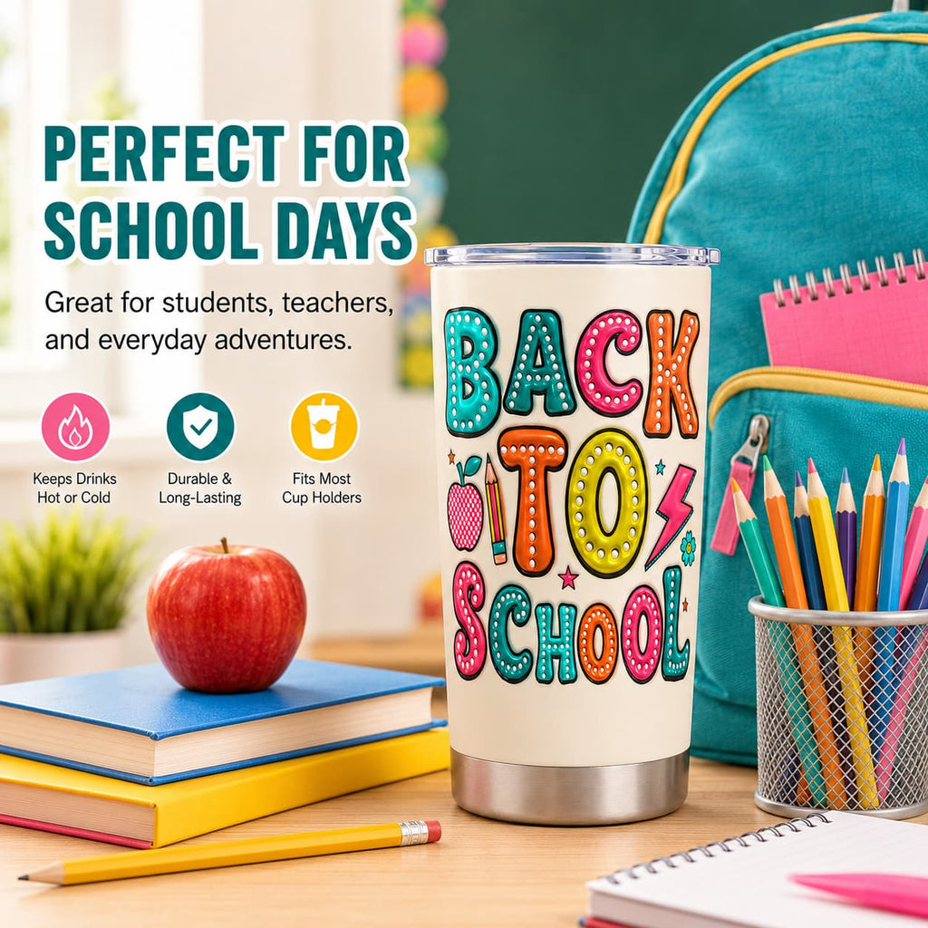 Kids Back-to-School Stainless Steel Tumbler with Colorful Marquee Letter Print