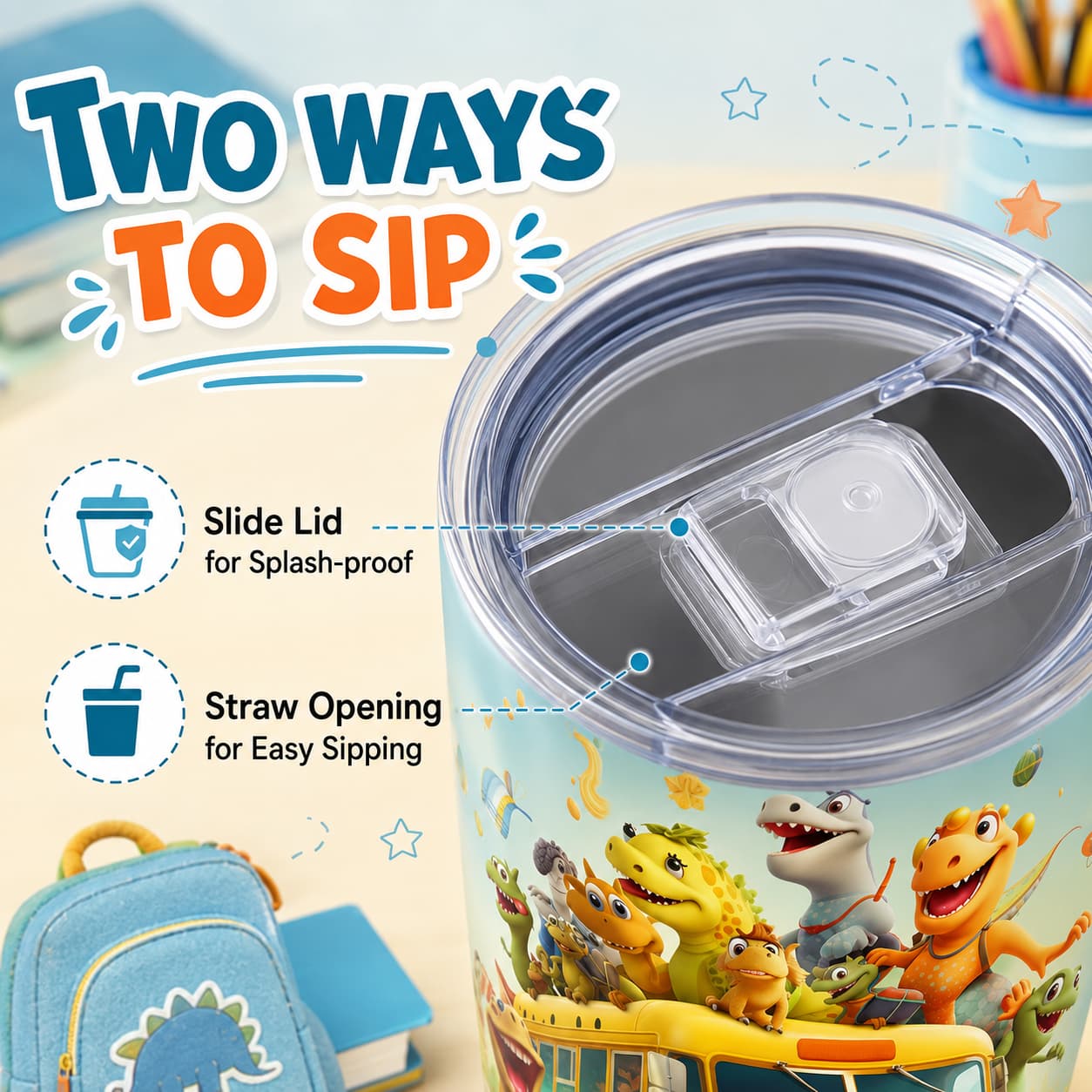 Dinosaur School Bus Stainless Steel Tumbler with Lid, Kids Back-to-School Cup