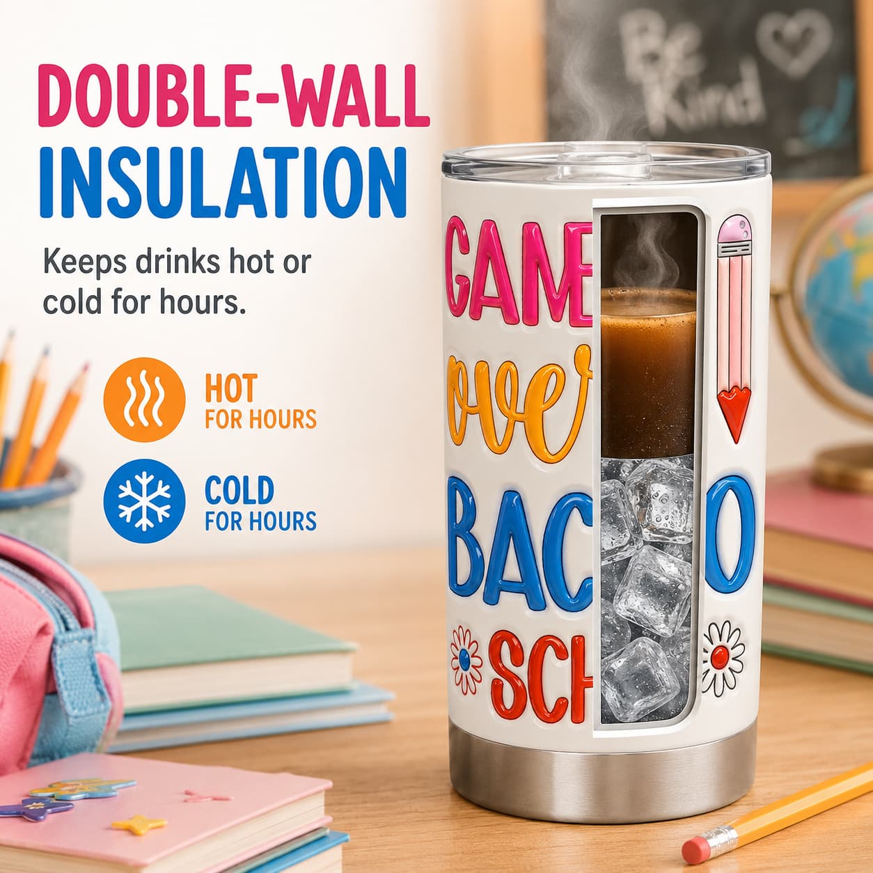 Game Over Back-to-School Tumbler, Insulated Stainless Steel Travel Cup for Teachers & Students