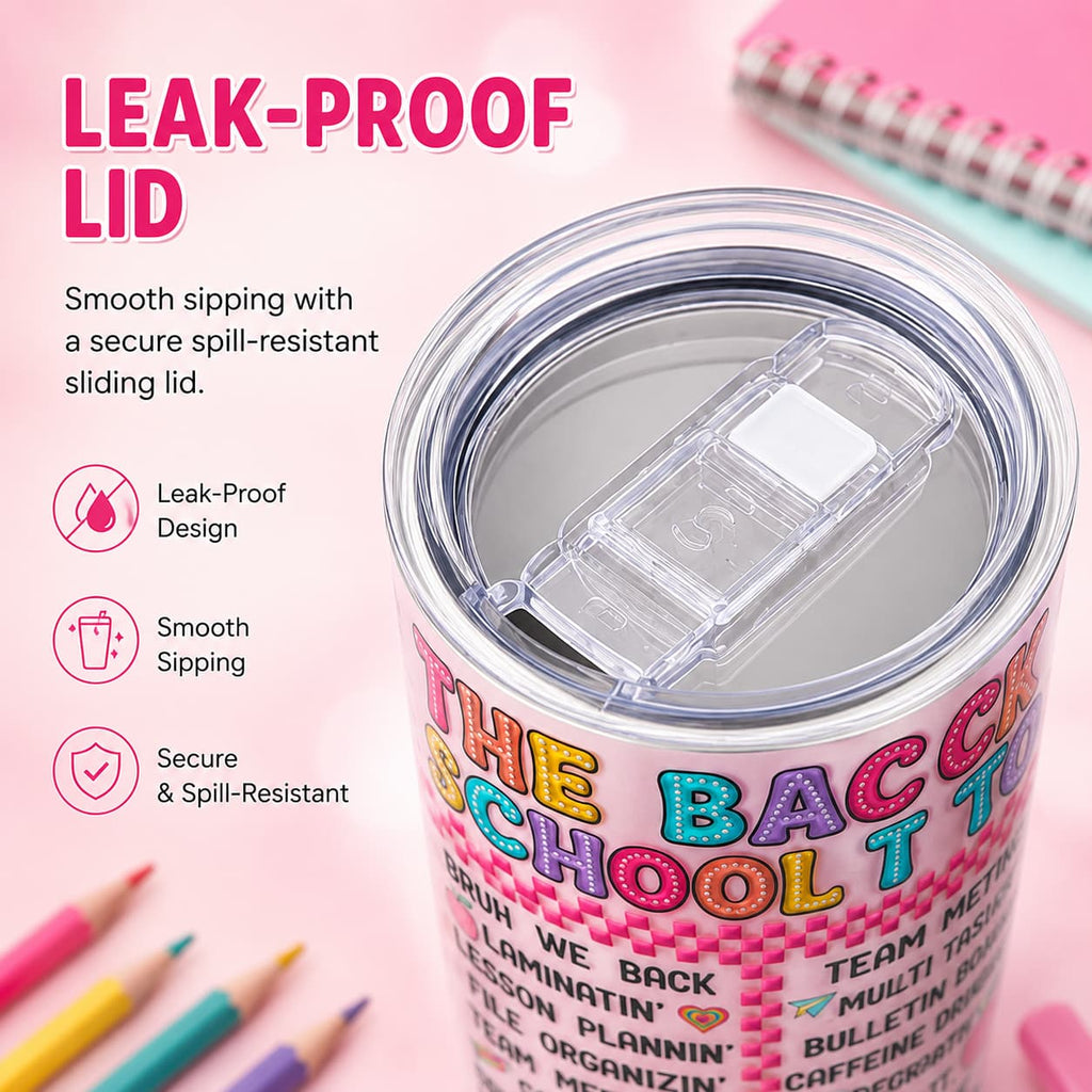 Back-to-School Teacher Tumbler, Pink Insulated Stainless Steel Travel Cup