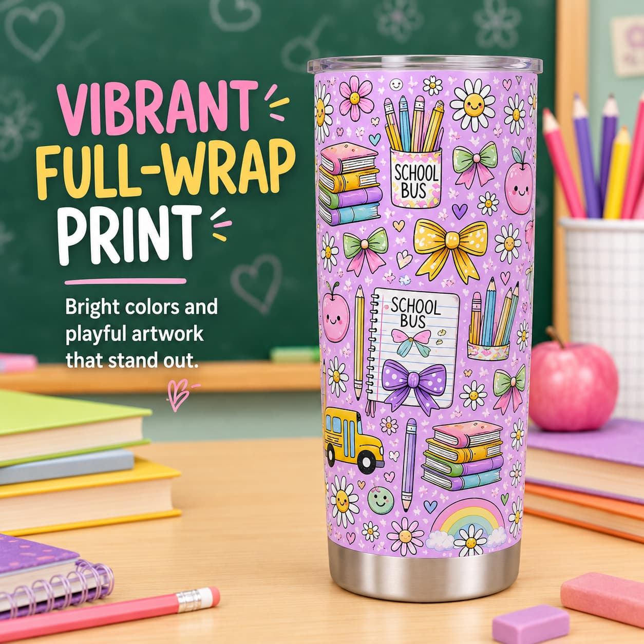 Kids Back-to-School Stainless Steel Tumbler with Daisies, Bows & School Bus Print