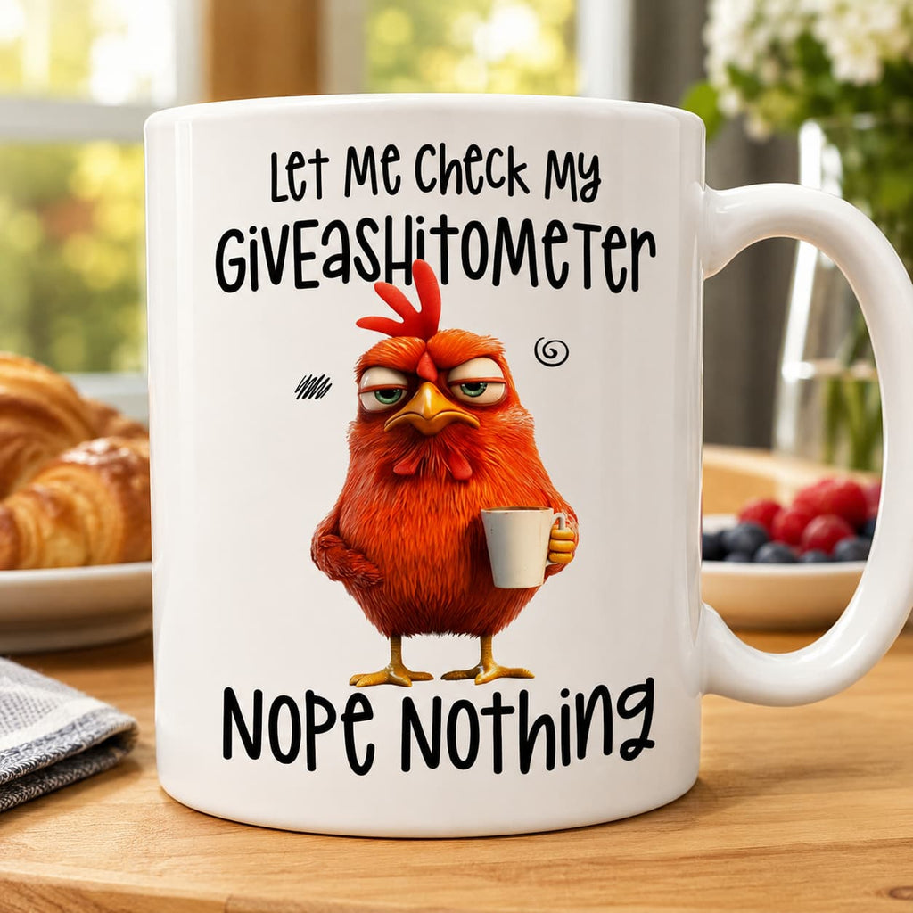 Let Me Check My Giveashitometer Mug – Funny Sarcastic Chicken Coffee Cup Gift