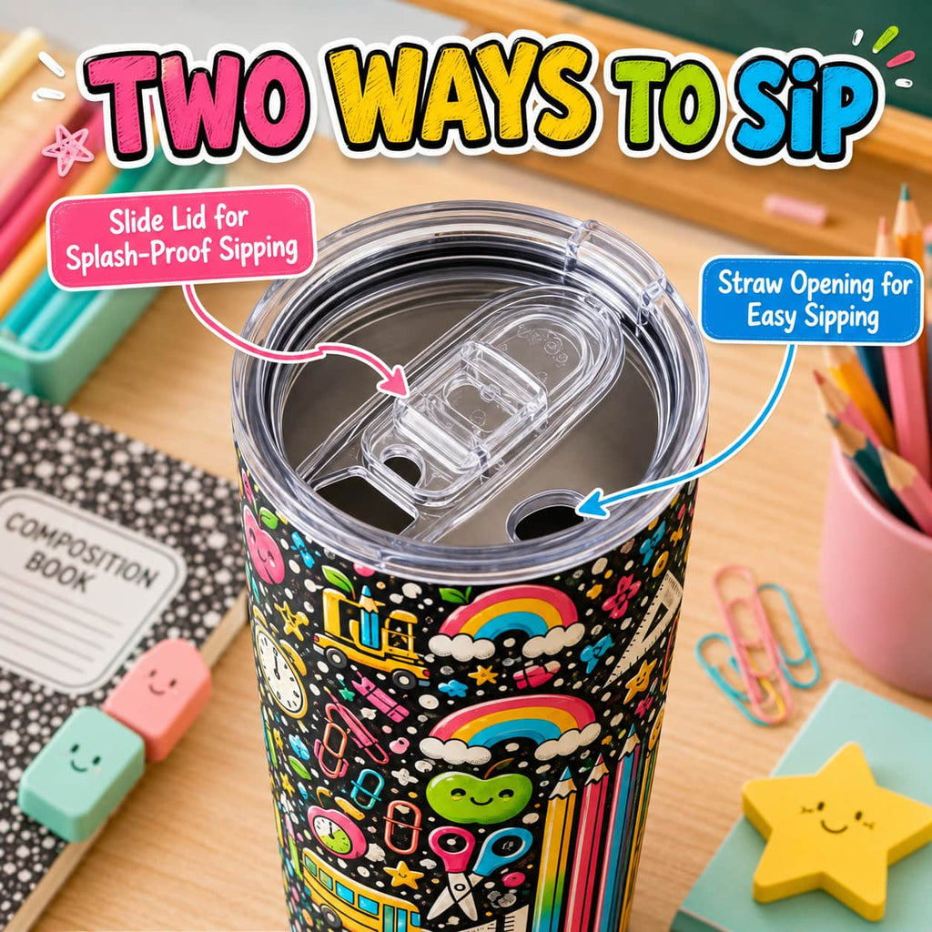 Colorful Back-to-School Stainless Steel Tumbler with Lid, Composition Book & School Supplies Print