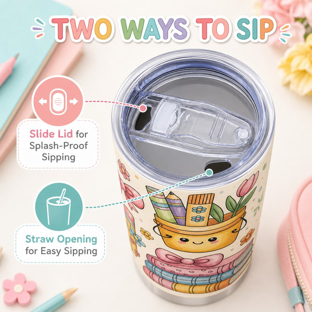 Cute Pastel Back-to-School Stainless Steel Tumbler with Lid, Rainbow & School Supplies Print