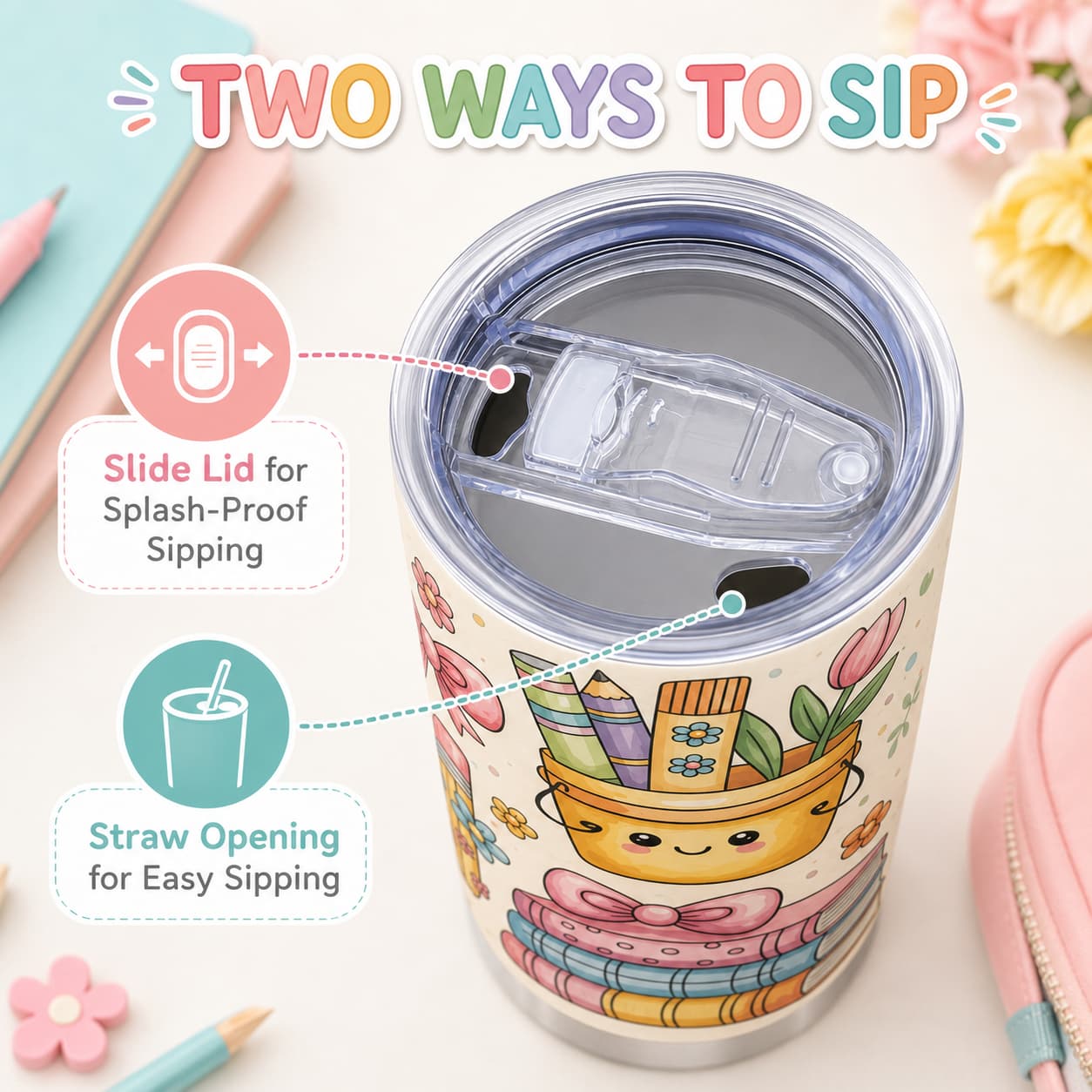 Cute Pastel Back-to-School Stainless Steel Tumbler with Lid, Rainbow & School Supplies Print