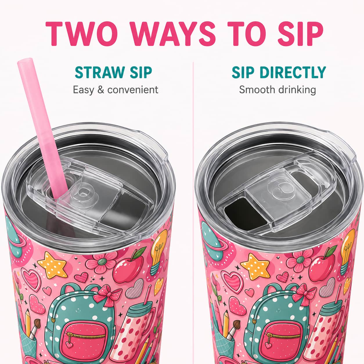 Kawaii Pink Back-to-School Stainless Steel Tumbler with Lid, Backpack & Heart Print