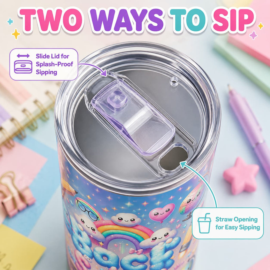 Kawaii Back-to-School Stainless Steel Tumbler with Lid, Rainbow Cloud & School Supplies Print
