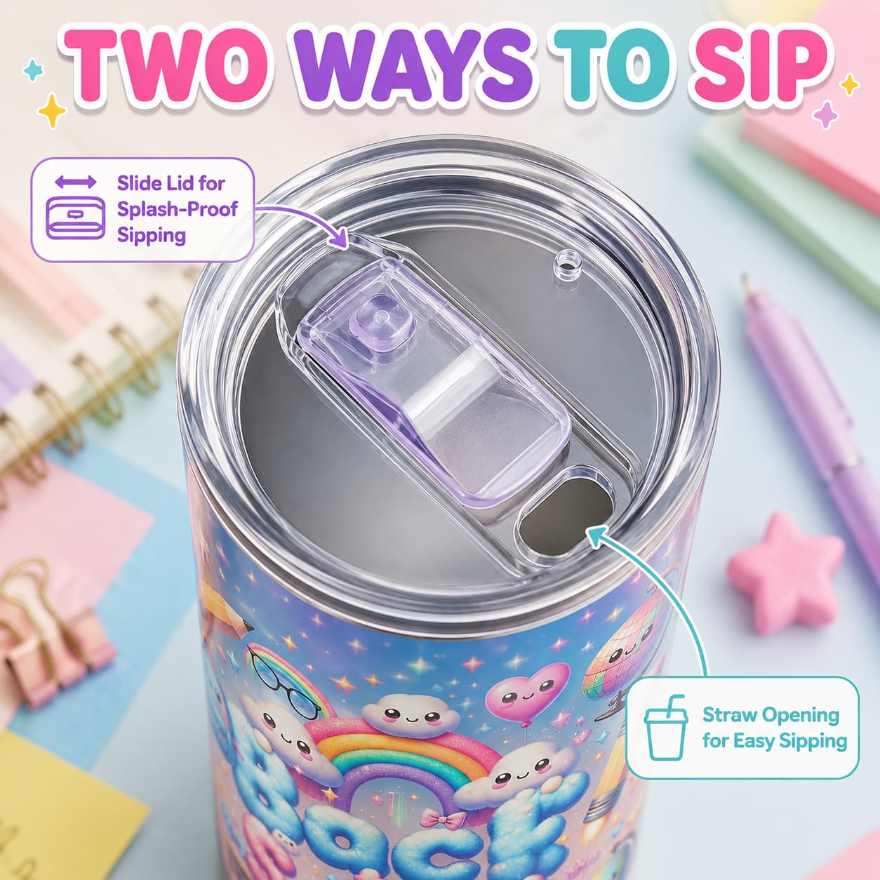 Kawaii Back-to-School Stainless Steel Tumbler with Lid, Rainbow Cloud & School Supplies Print
