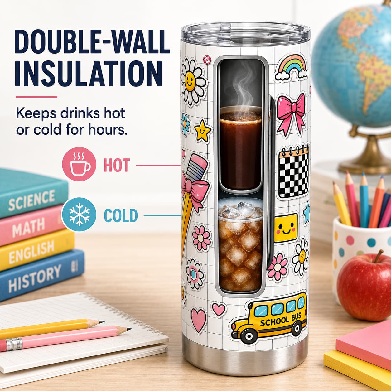Cute Back-to-School Tumbler, Insulated Stainless Steel Travel Cup for Teachers & Students